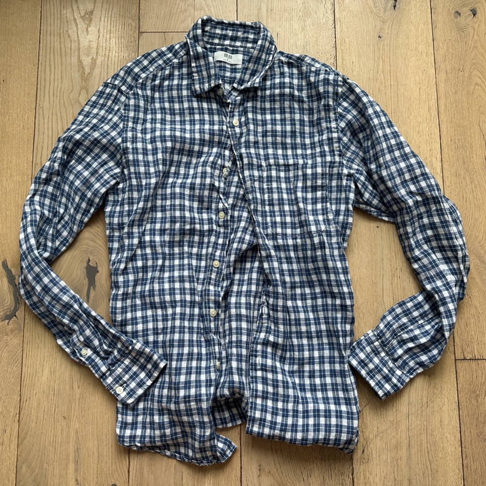 Uniqlo Men's Blue Checkered linen Shirt